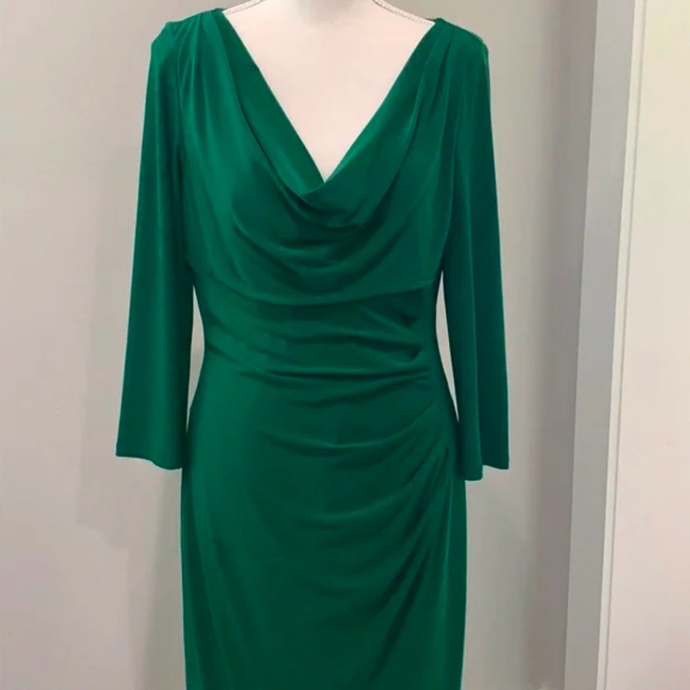 Ralph Lauren Green Sheath Dress with Cowl Neck and Dolman Sleeves